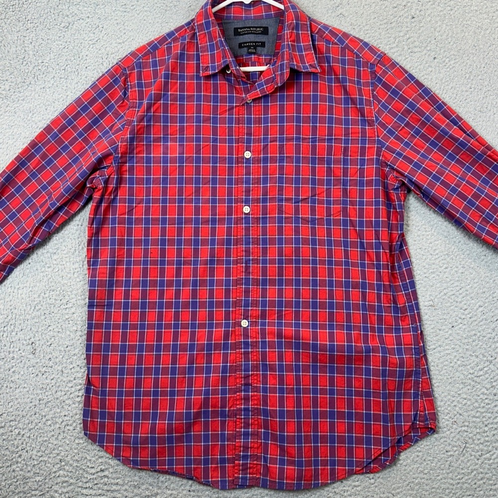 Banana Republic Shirt Mens Medium Camden Fit Red Purple Plaid Button Down EUC